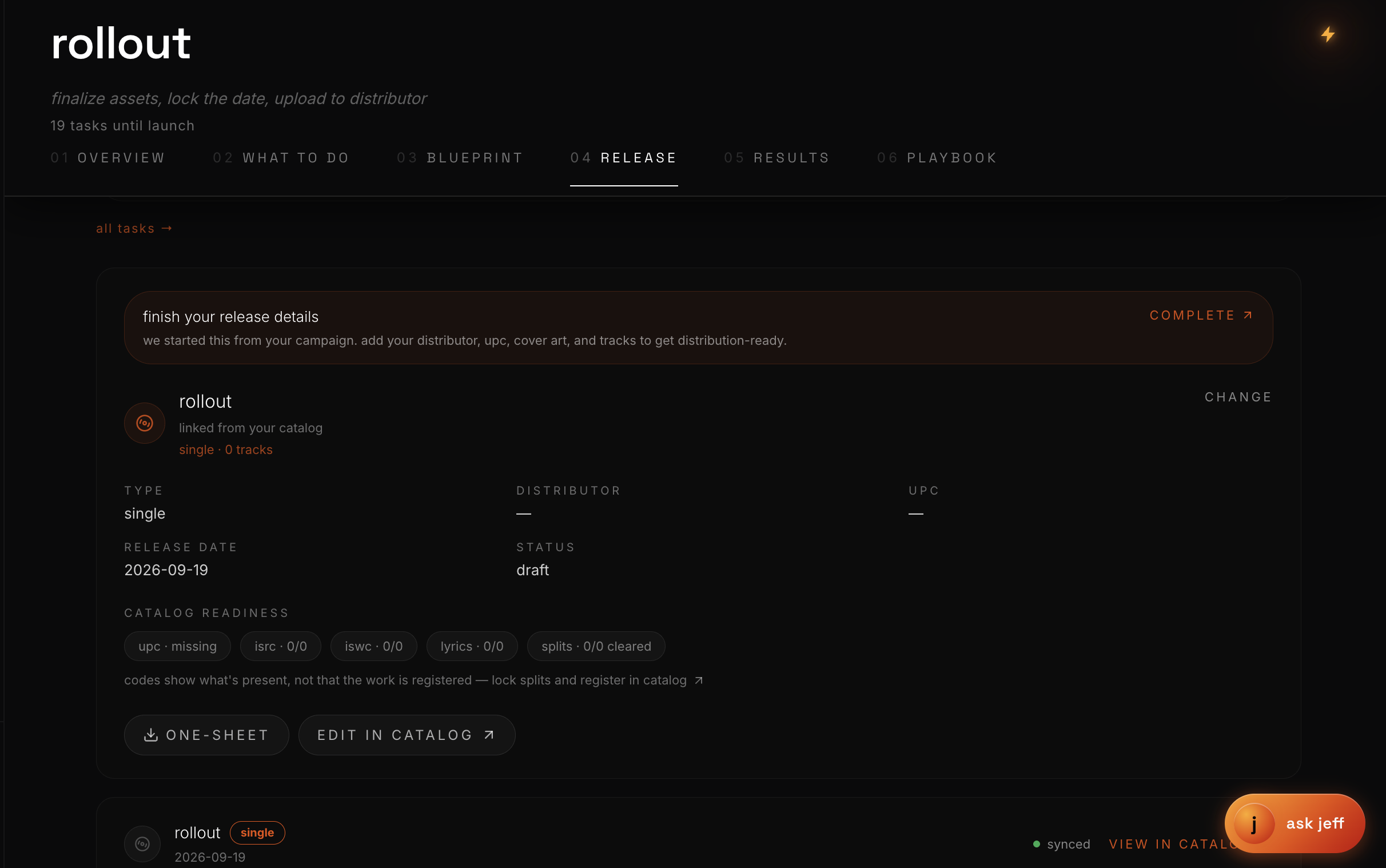 Release tab of a Rollout campaign with release details and catalog readiness checks