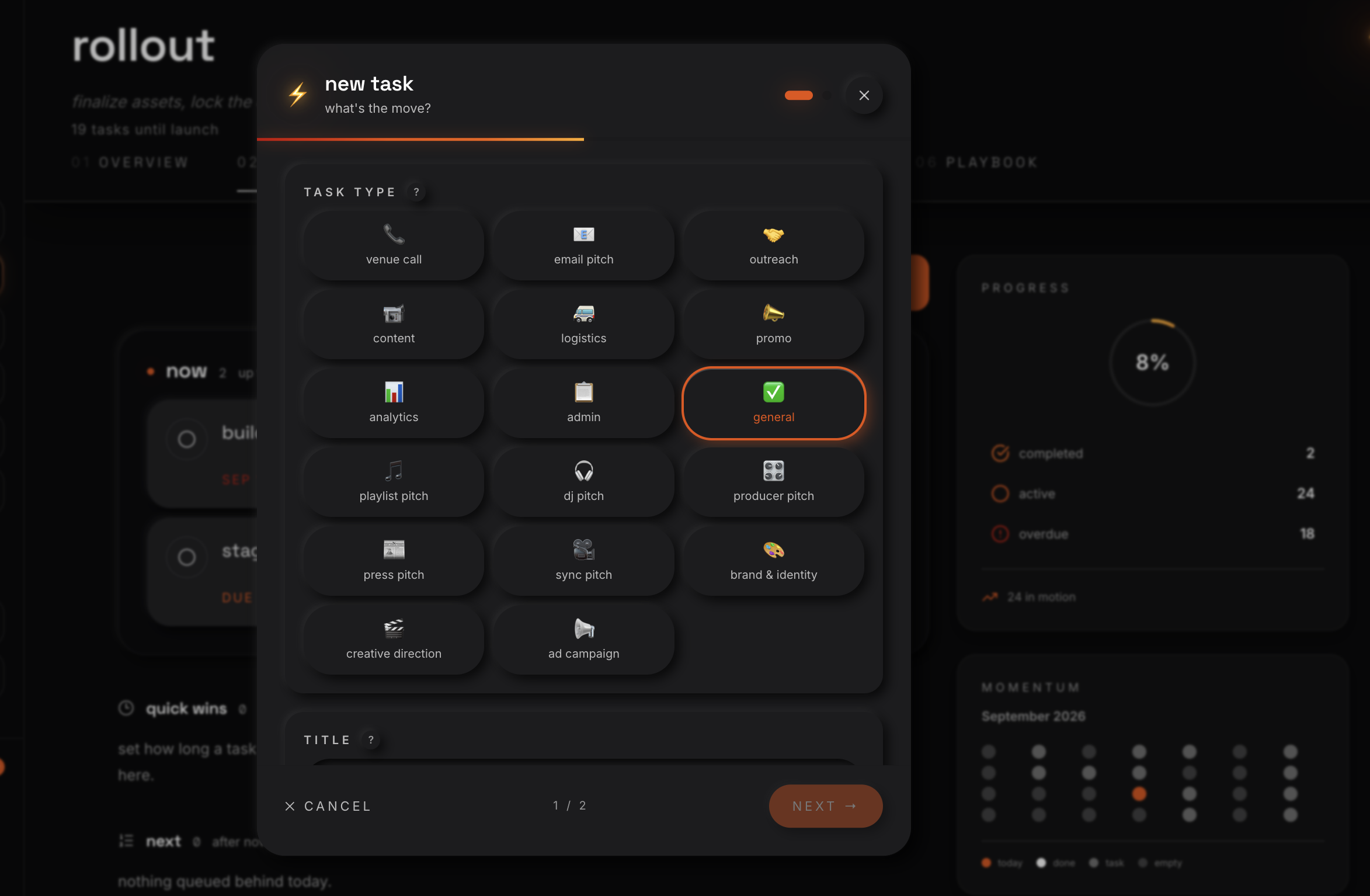 The new task screen, with task types from playlist pitch to ad campaign