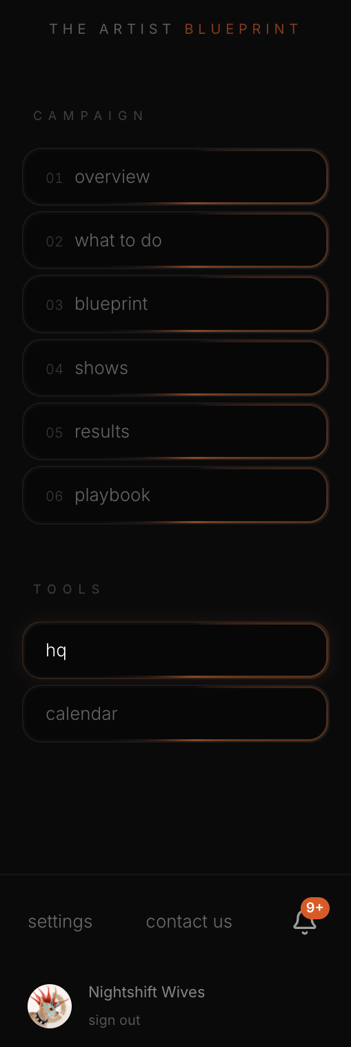 The Artist Blueprint sidebar with the six campaign tabs, the HQ and Calendar tools, and settings