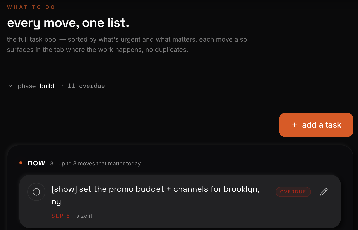 What to do tab showing the Now list and the add a task button