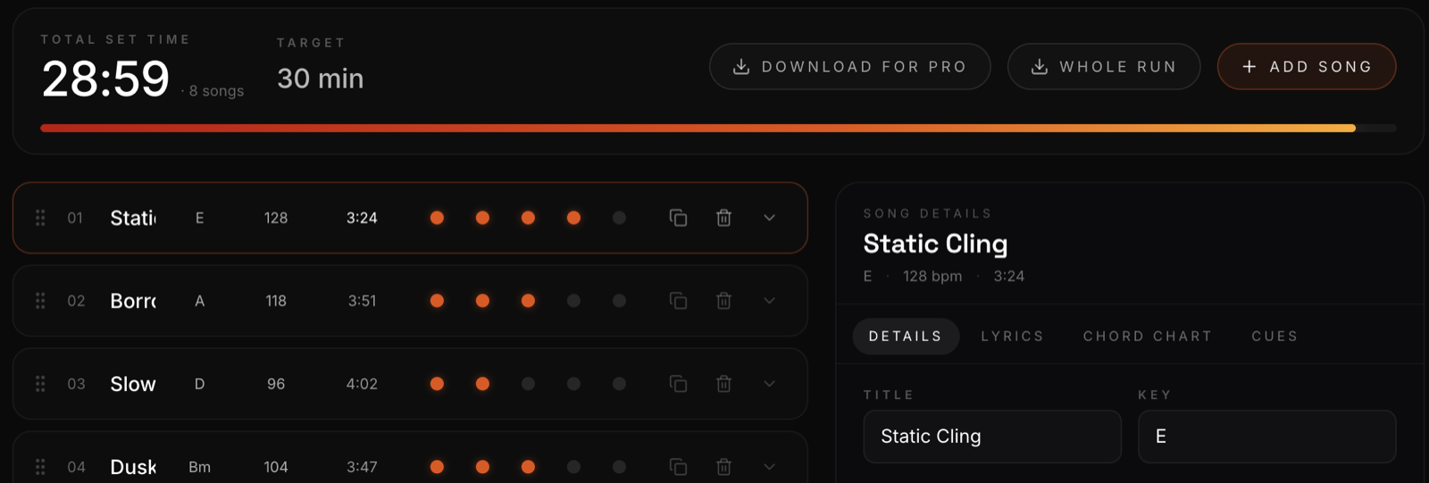 Setlist builder with total set time against a target length