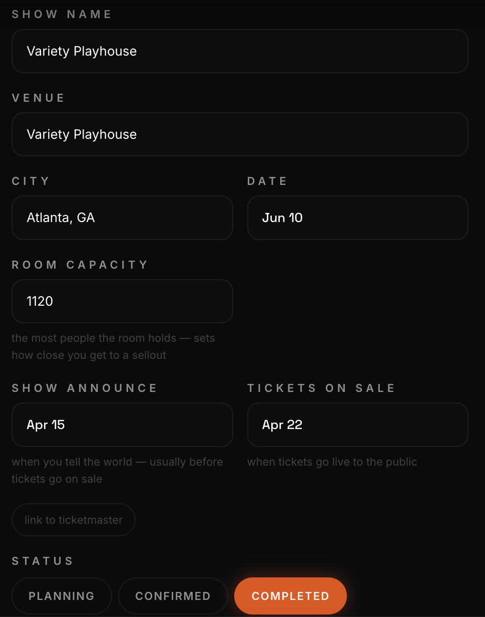 Tour stop form with venue, capacity, announce and on-sale dates, and status